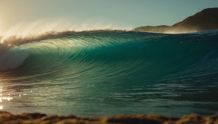 A close-up view of a large, translucent turquoise wave breaking, with sunlight illuminating its form against a sandy...の素材