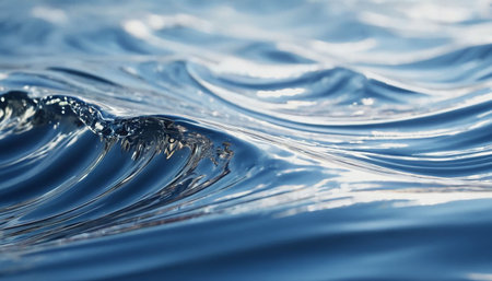 Ripples showing close up of gentle blue ocean water waves with sunlight reflections and ripples. resolution...の素材