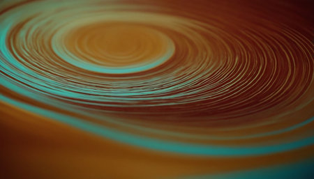 A close-up view of a swirling abstract pattern featuring warm brown and vibrant teal colors with a glossy liquid...の素材
