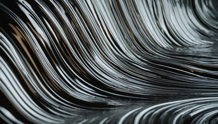 A close-up view of a dark gray and silver liquid metal surface with smooth, flowing waves and intricate reflective...の素材