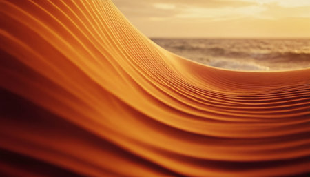 Sand showing close up of rippled golden sand dunes with ocean and sky in the blurred background. resolution...の素材