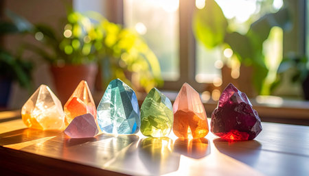 Translucent faceted crystals in a spectrum of colors glow with warm sunlight on a wooden table, with blurred plants...の素材