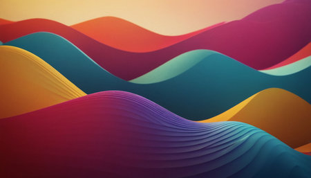 Layered abstract waves in purple teal orange pink yellow and red create a vibrant playful background with smooth...の素材