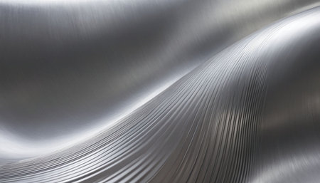 A close-up view of a brushed metallic surface with fine parallel lines forming smooth, undulating waves and light...の素材