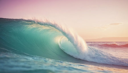 With showing crashing ocean wave with turquoise water and sea spray illuminated by soft pastel sunset light on a...の素材