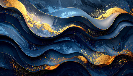 Deep blue and gold abstract waves with sparkling glitter and marbled textures create a fluid motion.の素材