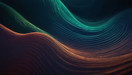 Atmospheric showing ethereal abstract landscape of teal green and orange waves with subtle rippling lines keywords:...の素材