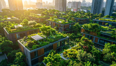 Numerous modern apartment buildings feature extensive green rooftop gardens, surrounded by trees, bathed in bright...の素材