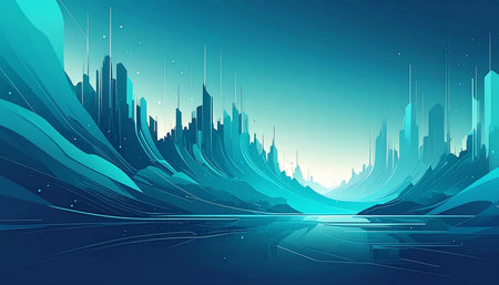 A futuristic blue and teal cityscape silhouette nestled between mountains, with reflections in the water below.の素材