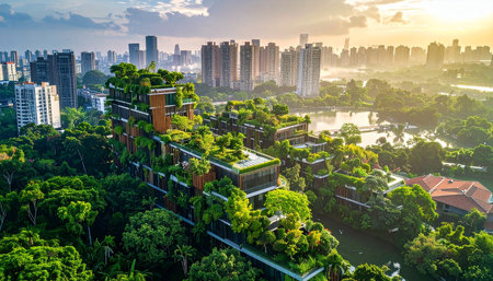 With showing futuristic green architecture blending with nature in a cityscape with a lake at sunset.の素材