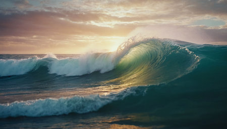 Sunlight bathes a curling ocean wave in golden hues, with white foam cresting as it breaks on the sea.の素材