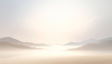 With showing misty mountain range landscape with soft golden hues and gentle rolling hills under a bright sky.の素材