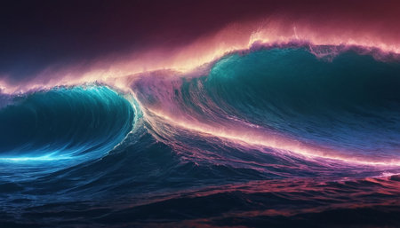 A powerful ocean wave with turquoise and pink light illuminating the water and spray against a dark, moody sky.の素材