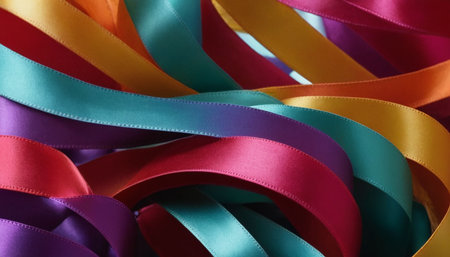 Glossy showing overlapping ribbons of orange yellow teal pink and purple satin fabric create a vibrant abstract...の素材