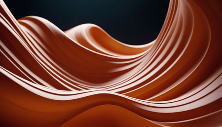 Against showing smooth flowing abstract caramel colored waves with subtle light reflections against a dark...の素材