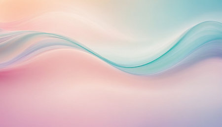 Gentle pastel waves of pink, teal, and white flow smoothly with subtle gradients creating a serene abstract background.の素材