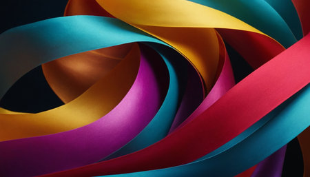 Abstract composition of swirling ribbons in bright teal yellow magenta and red creating a sense of motion and depth.の素材