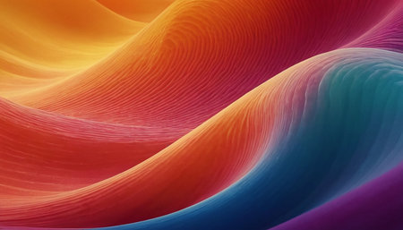 Textured abstract landscape with rippling waves of warm orange yellow and cool blue purple hues in a flowing pattern.の素材