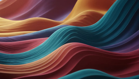 Smooth undulating waves of vibrant orange purple teal and coral create a flowing organic textured background with...の素材
