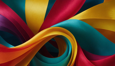 Abstract swirling ribbons in vibrant red yellow teal purple and orange create a dynamic fluid motion background with...の素材
