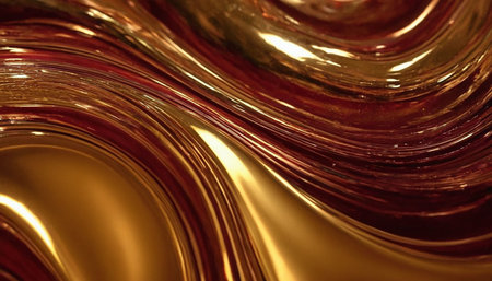 Abstract swirling waves of molten gold and deep crimson liquid metal create a rich, reflective surface with smooth,...の素材
