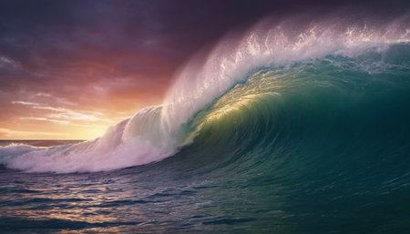 A massive turquoise wave barrels with white foam, set against a dramatic sunset sky filled with clouds.の素材