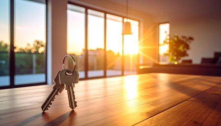 With showing two silver house keys with a ring resting on a polished wooden table with bright sunbeams streaming...の素材