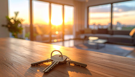 With showing three metallic house keys with a ring lying on a smooth wooden surface with warm sunset light streaming...の素材