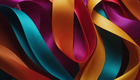 A close-up view of several flowing ribbons in vibrant shades of teal orange magenta and yellow creating a dynamic...の素材