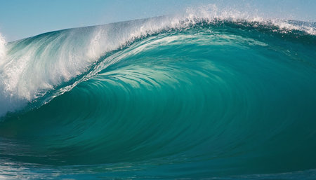 A bright turquoise ocean wave curls and breaks, showcasing detailed patterns of light and shadow.の素材