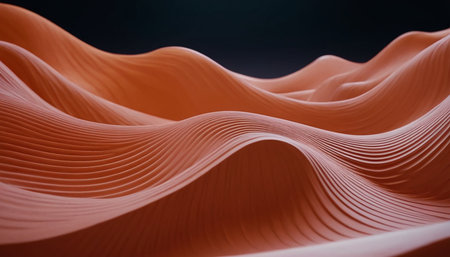 A landscape of warm terracotta waves with fine parallel lines creates a textured, undulating surface under soft light.の素材