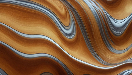 An abstract texture featuring warm wood grain patterns intertwined with cool, flowing silver metallic swirls.の素材