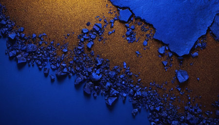 Blue showing abstract composition of crushed blue pigment and gold glittering granules on a blue surface.の素材