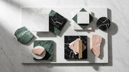 Pattern showing assortment of polished marble samples in various colors and textures arranged on a marble slab...の素材