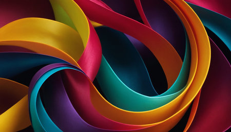 Abstract swirls of vibrant yellow, teal, purple, and magenta ribbons create a dynamic, flowing visual texture.の素材