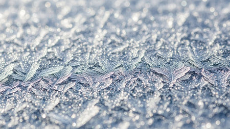 A close-up macro view reveals delicate frost patterns with tiny water droplets sparkling on a bright, cool-toned...の素材