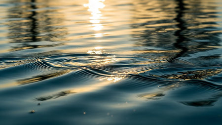 Close-up view of deep blue water with gentle ripples reflecting golden sunlight, creating abstract patterns and...の素材