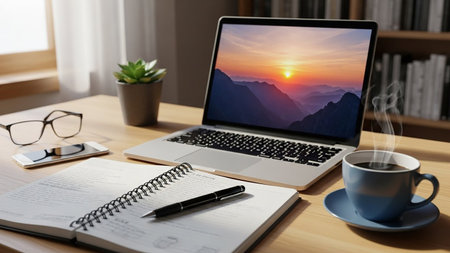 A warm home office desk a laptop showing a mountain sunset, an open notebook, glasses, and a steaming cup of coffee.の素材