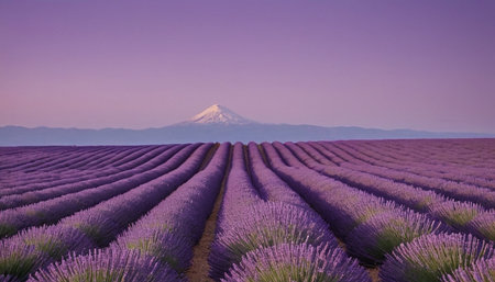 Endless rows of vibrant purple lavender stretch towards a distant snow-capped mountain under a soft twilight sky.の素材
