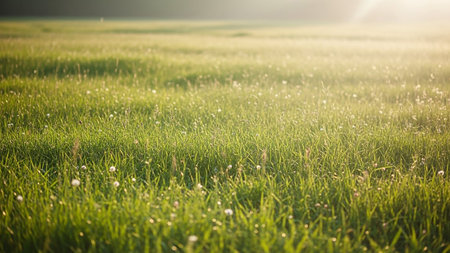 A wide green meadow filled with small white wildflowers under warm golden hour sunlight, casting soft shadows across...の素材