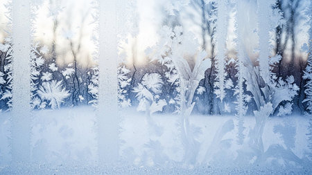 Intricate frost patterns adorn a windowpane, with a blurred winter forest and soft sunlight visible outside.の素材