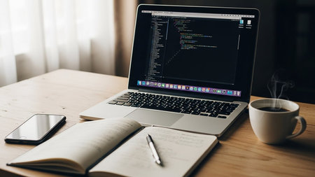 A laptop code on its screen next to an open notebook, pen, and a steaming coffee cup on a wooden desk.の素材