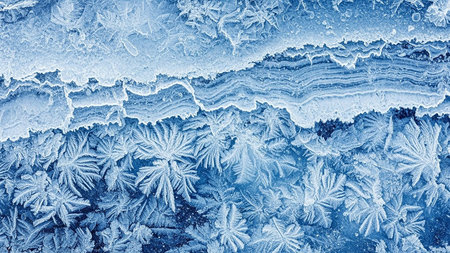 Close-up of intricate ice crystals forming delicate snowflake patterns on a deep blue frozen surface.の素材