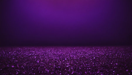 A low angle view of a sparkling purple glitter surface against a softly lit deep purple gradient background with a...の素材