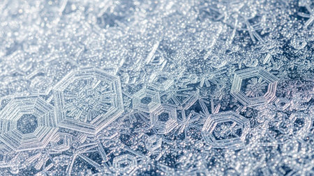 A close-up macro view reveals intricate hexagonal ice crystals and frozen water droplets forming a detailed,...の素材