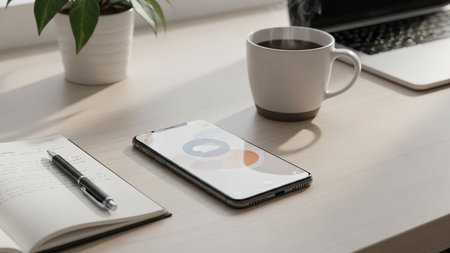 A modern desk setup a smartphone displaying a weather app, a steaming coffee mug, a laptop, and a notebook with a pen.の素材