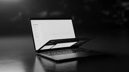 A sleek silver laptop with a dual screen display is open on a dark, reflective surface in a monochrome setting.の素材