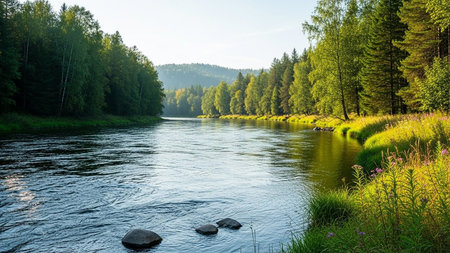 A wide, calm river flows through a dense forest with vibrant green trees and sunlit grassy banks.の素材