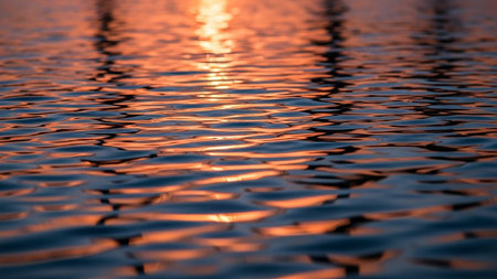 Rippling water surface reflects warm orange sunset light, creating abstract, shimmering patterns with a serene glow.の素材
