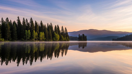 A tranquil lake at sunrise reflects a misty forest and mountains under a soft, pastel-colored sky.の素材